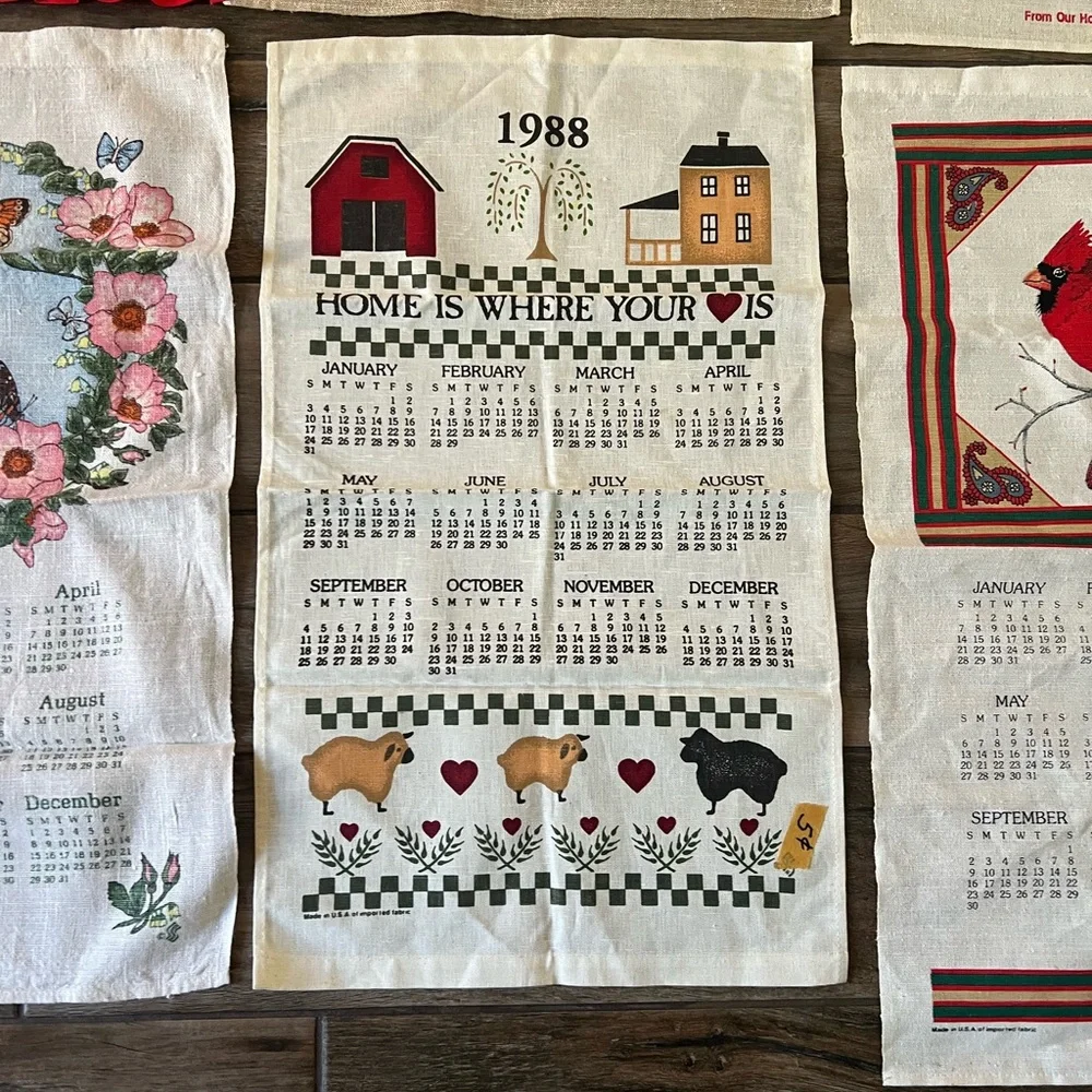 Lot 9 VTG 1980s Linen Calendar Towels Country Farmhouse Folk Kitchen Tea Towels - Picture 6 of 10
